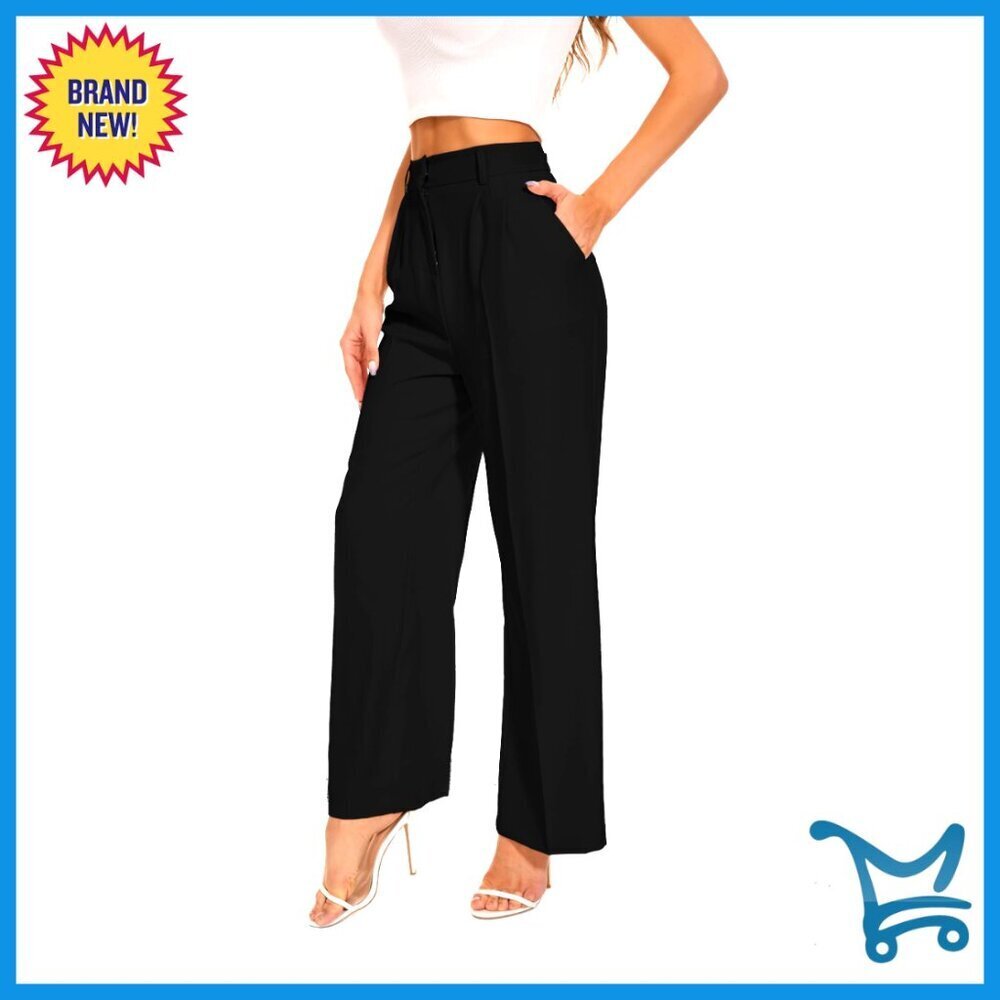 High Waisted Wide Leg Work Pants with Back Elastic Waist, Polyester Spandex